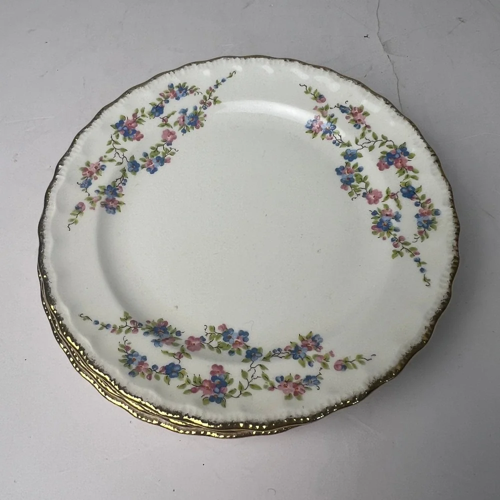 VTG 50s Pope-Gosser Blue Bell Bread Plates Set of 4 White Gold Trim Grandmacore